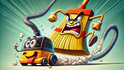 Cartoon Vacuum Cleaner And Angry Broom Character