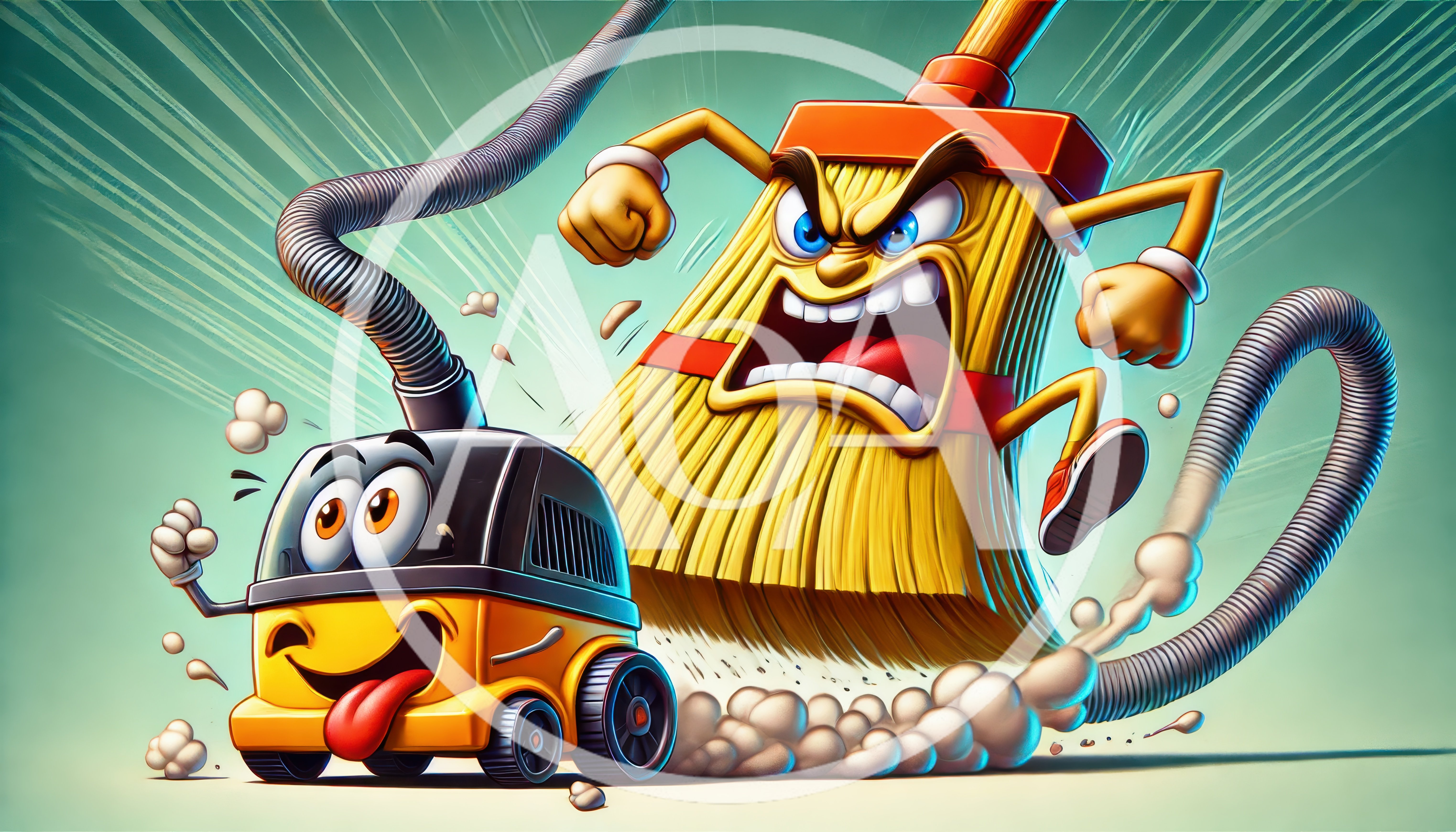 Cartoon Vacuum Cleaner And Angry Broom Character