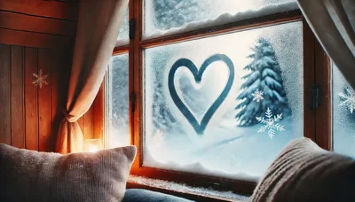 Heart Drawn on Frosty Windowpane in Cozy Cabin