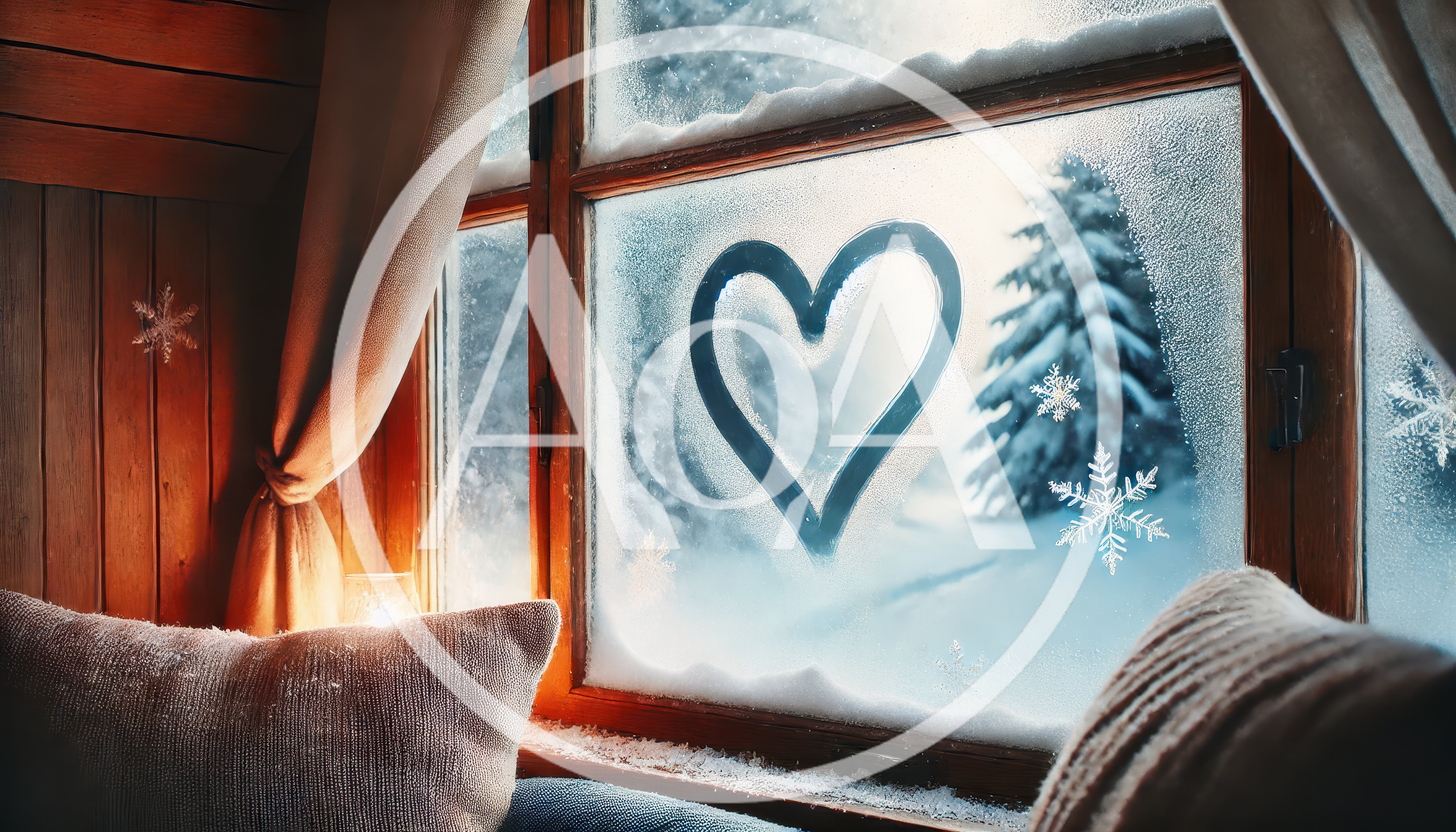 Heart Drawn on Frosty Windowpane in Cozy Cabin
