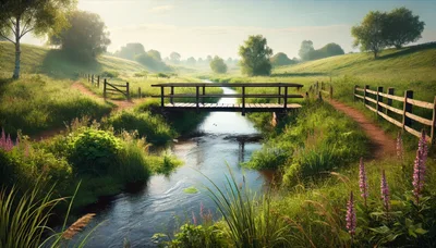 Wooden Footbridge Over A Serene Countryside Stream