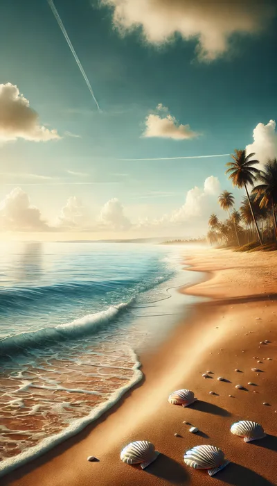Tropical Beach Shoreline With Seashells At Sunset