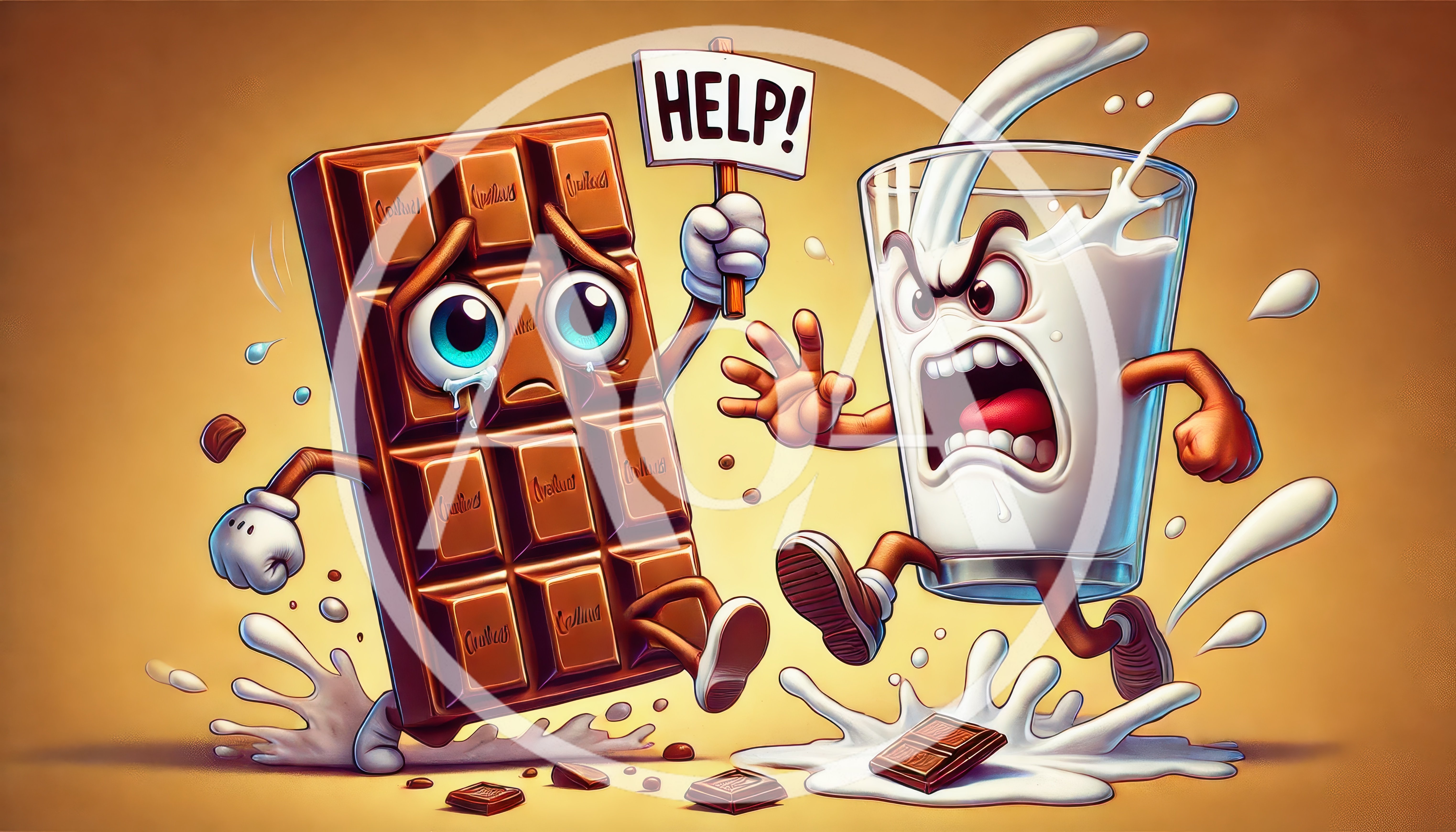 Cartoon Chocolate Bar Running From Angry Glass Of Milk