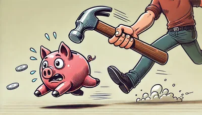 Cartoon Illustration Of A Person Chasing A Piggy Bank