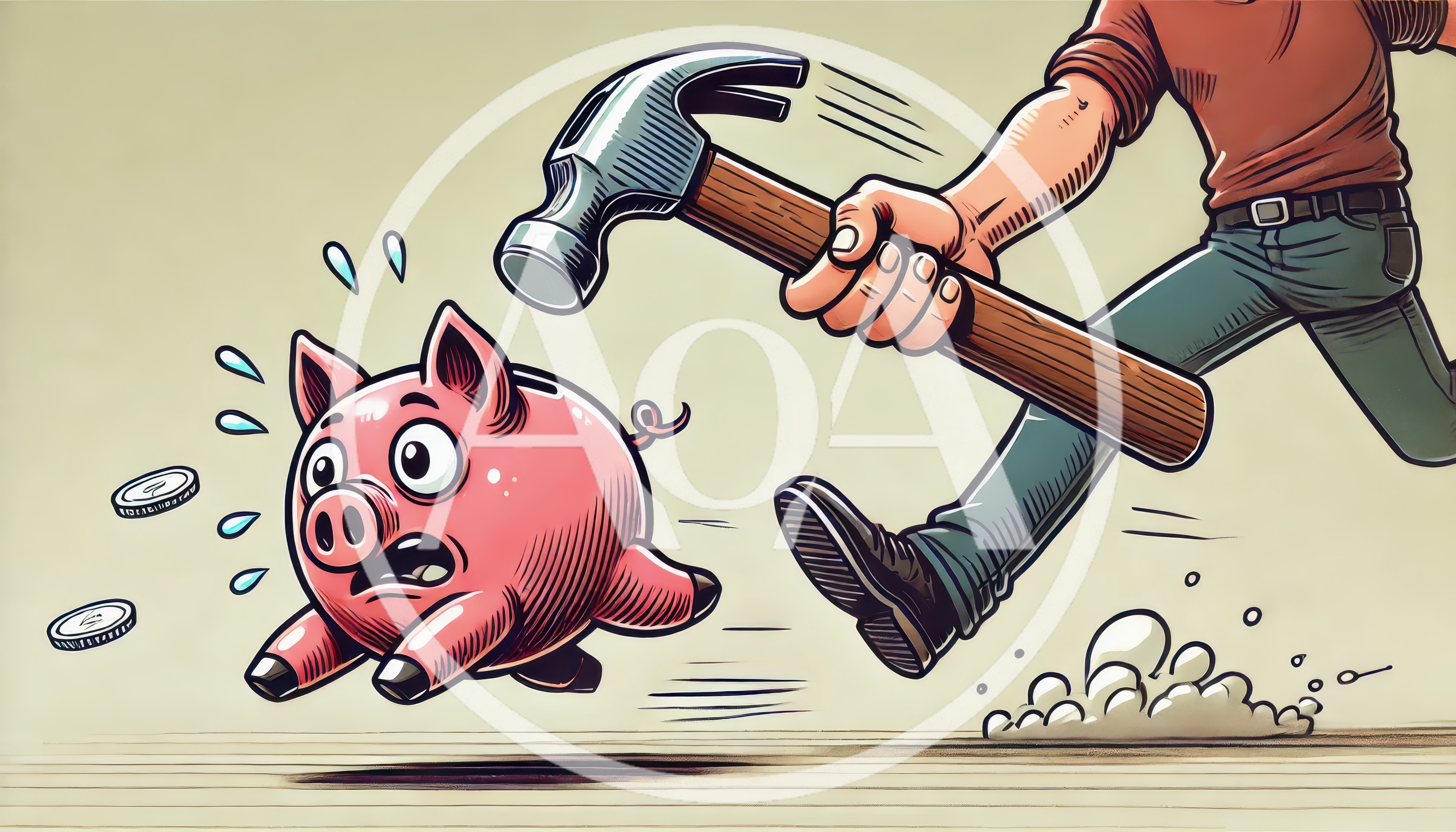 Cartoon Illustration Of A Person Chasing A Piggy Bank