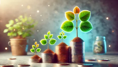 Small Plants Growing Out Of Stacks Of Coins
