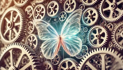 Glowing Translucent Butterfly Resting On Mechanical Clockwork Gears