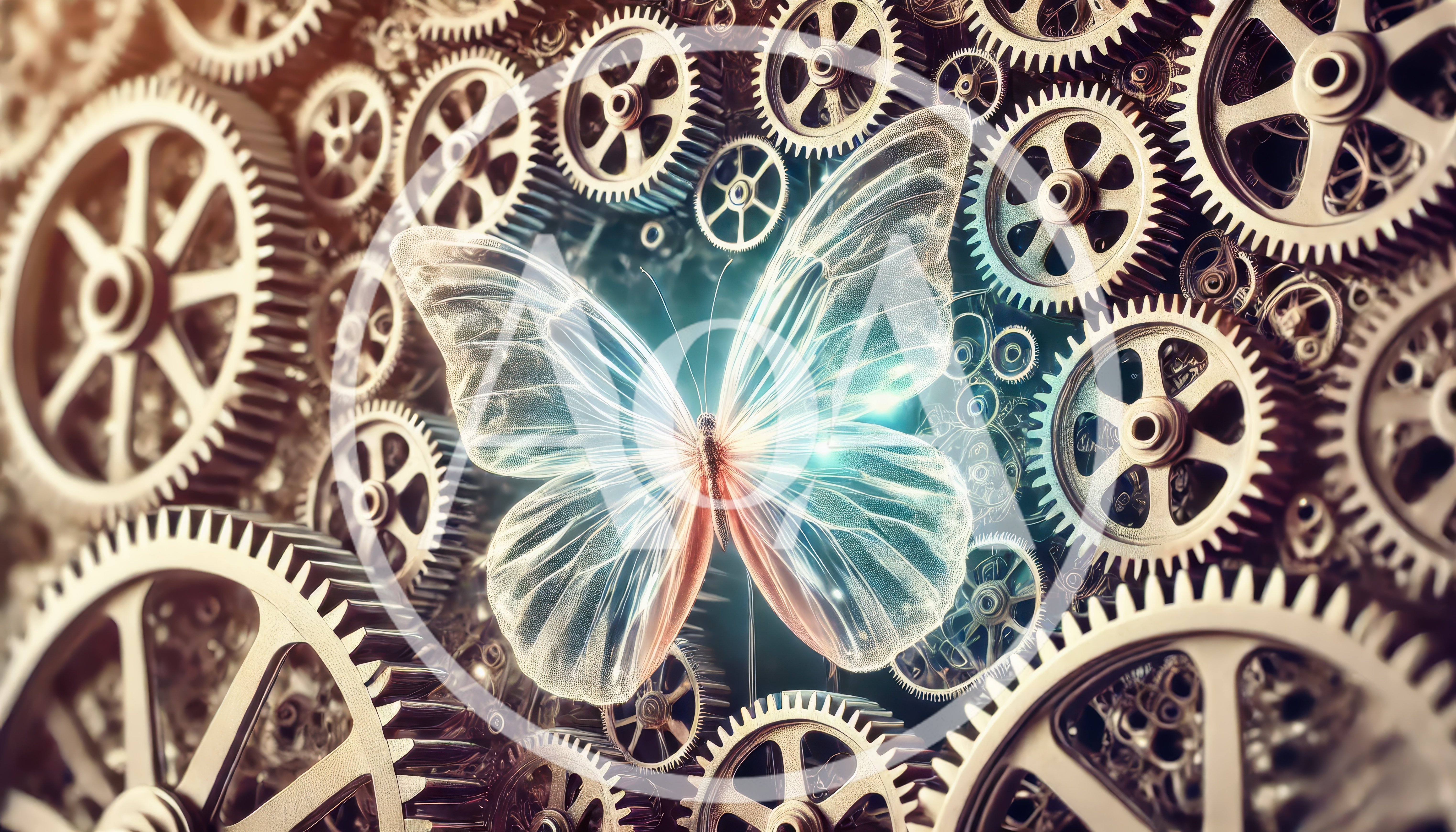 Glowing Translucent Butterfly Resting On Mechanical Clockwork Gears