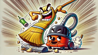 Cartoon Broom and Vacuum Cleaner Characters Fighting