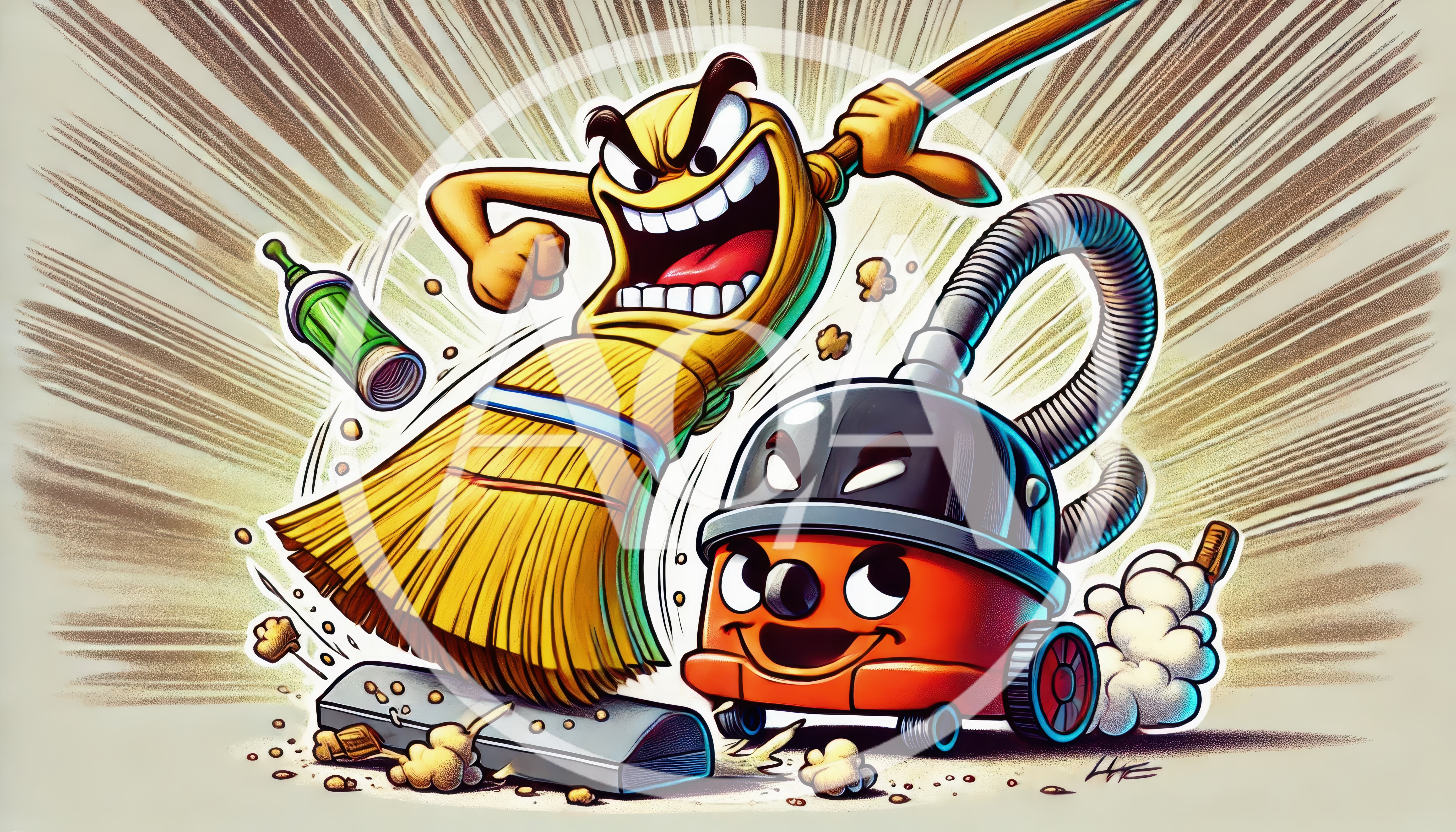 Cartoon Broom and Vacuum Cleaner Characters Fighting