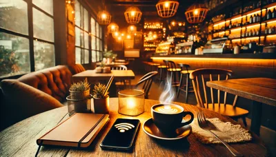 Coffee Cup and Smartphone on Cafe Table