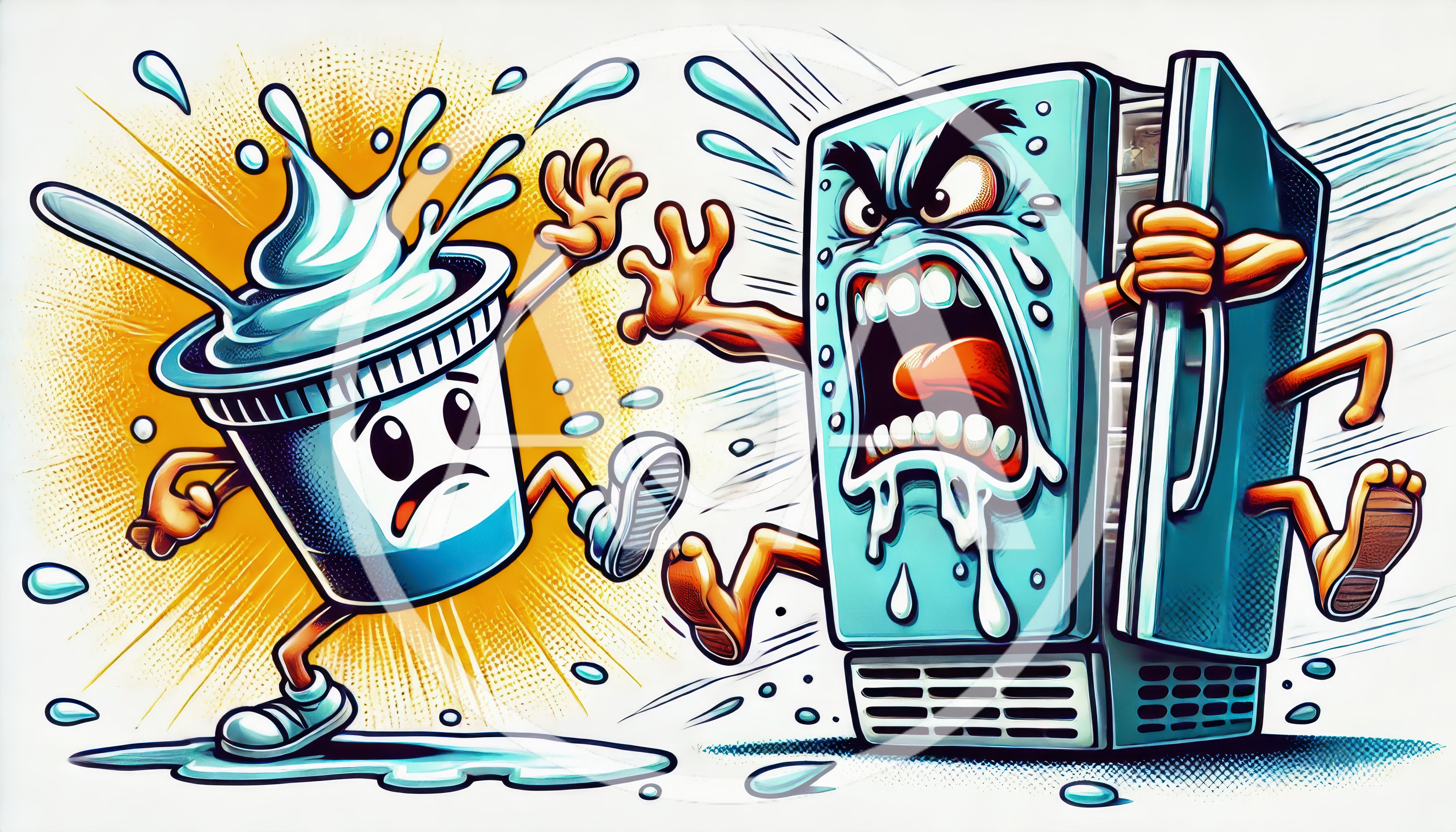 Cartoon Yogurt Cup Fleeing From An Angry Refrigerator