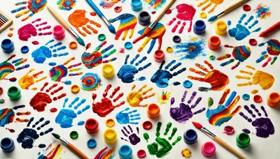 Colorful Handprints and Paint Supplies on White Background