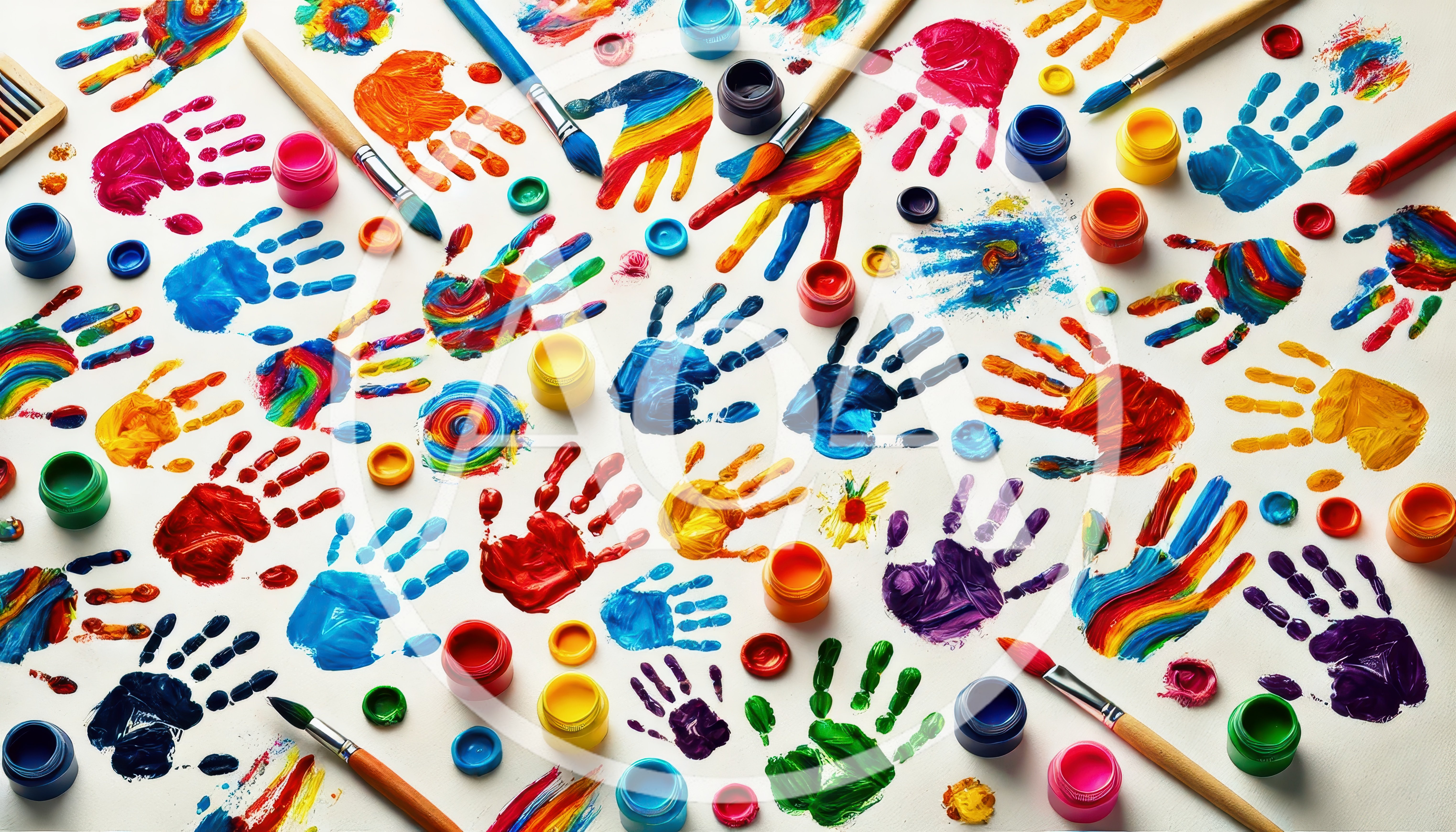 Colorful Handprints and Paint Supplies on White Background