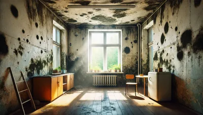 Dilapidated Room With Moldy Walls And Sunlight