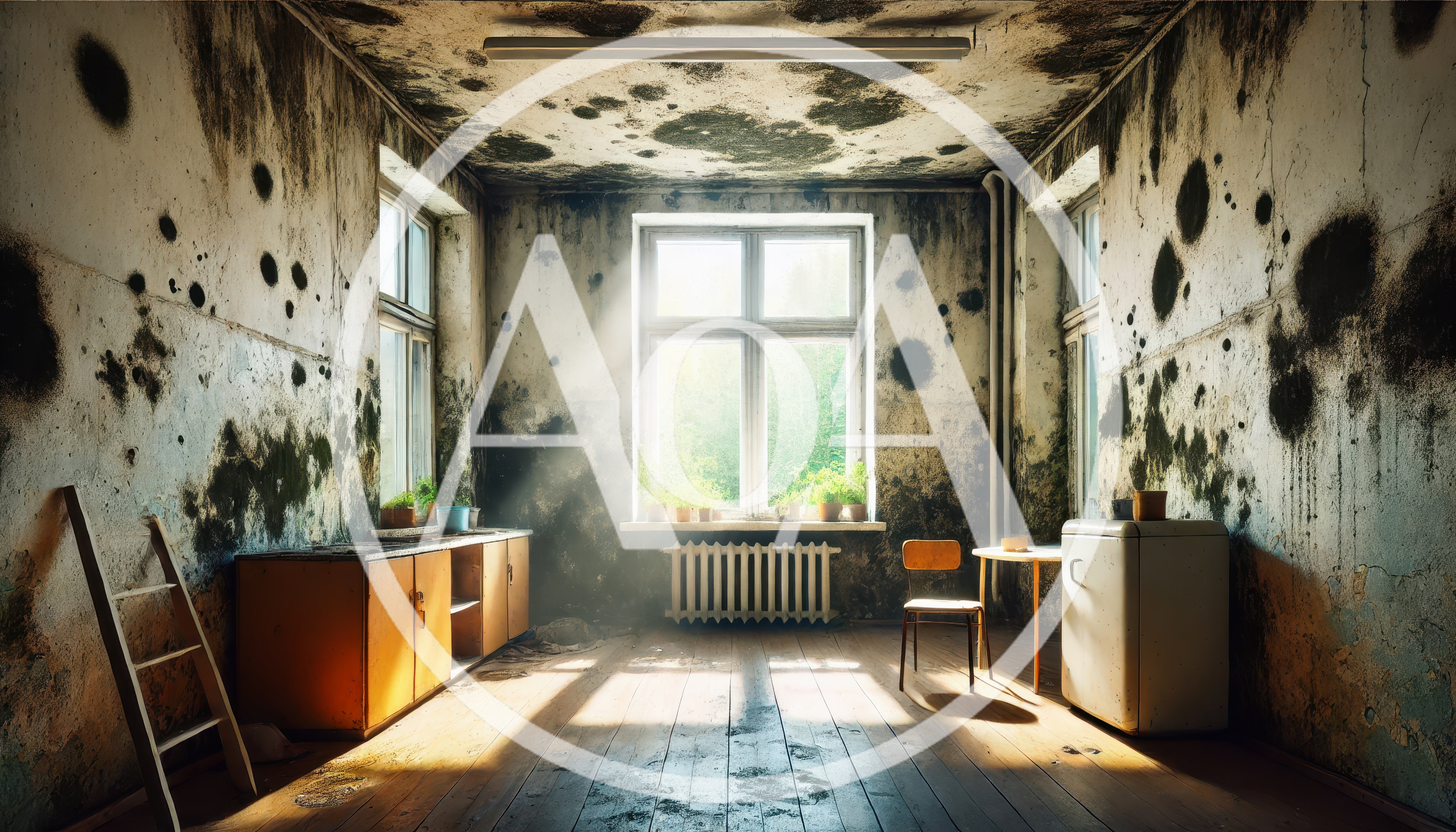 Dilapidated Room With Moldy Walls And Sunlight