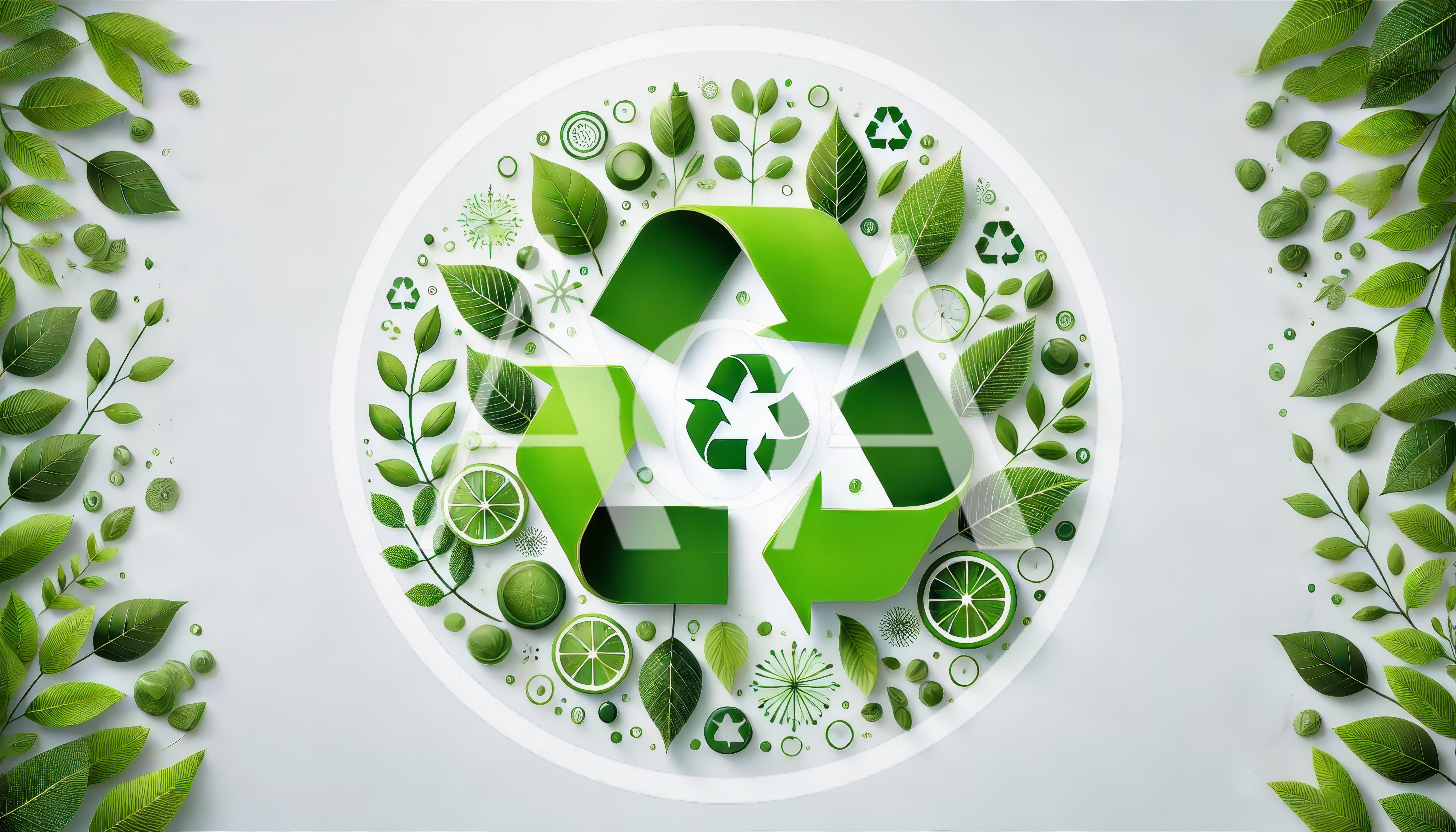 Recycle Symbol Surrounded By Green Leaves And Citrus