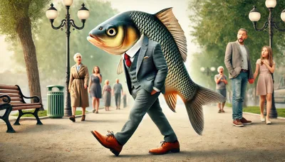 Anthropomorphic Fish Man Walking Through A Public Park