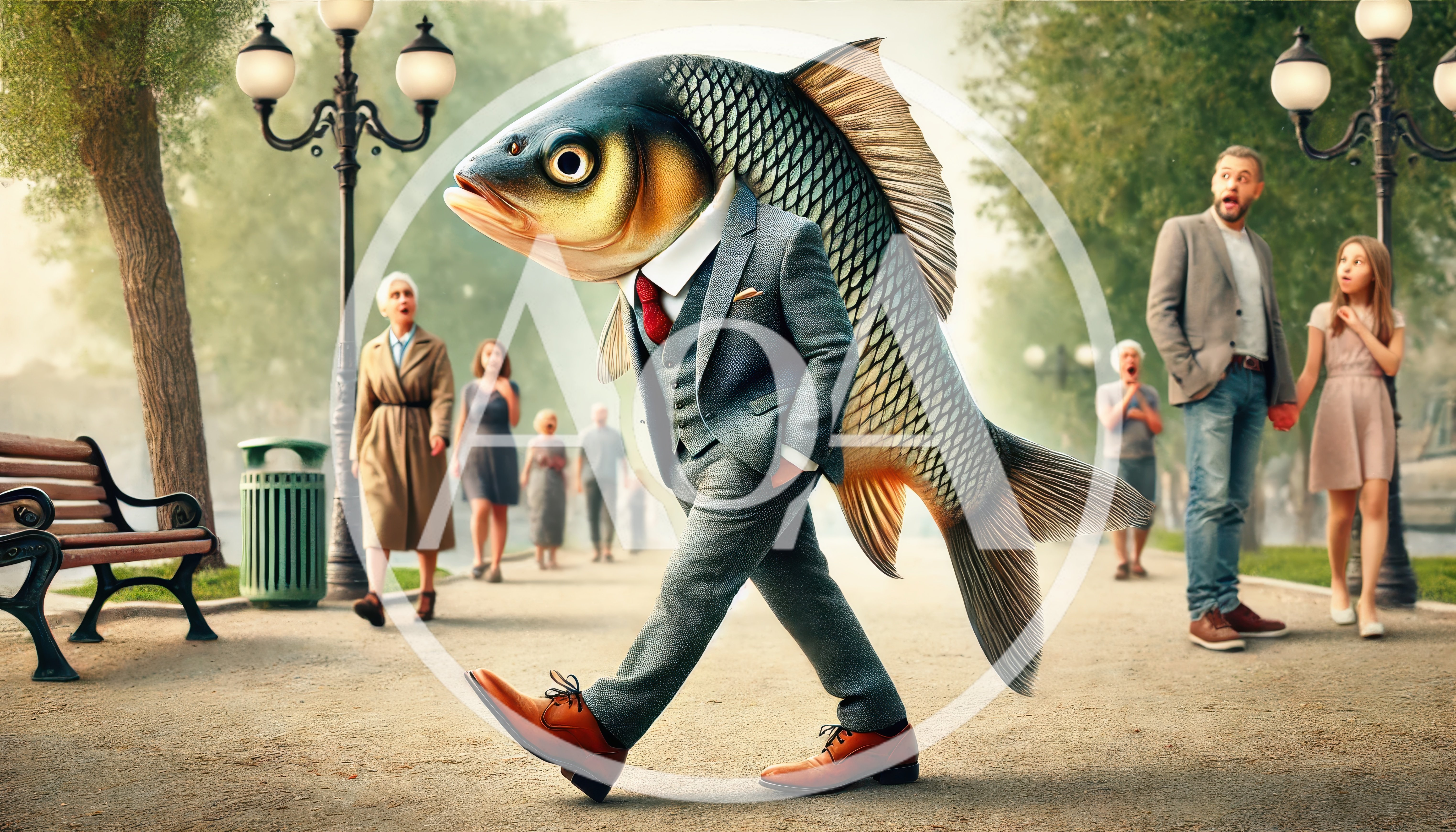 Anthropomorphic Fish Man Walking Through A Public Park