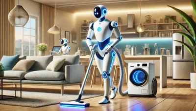 Futuristic Humanoid Robots Cleaning Modern Open Concept Home