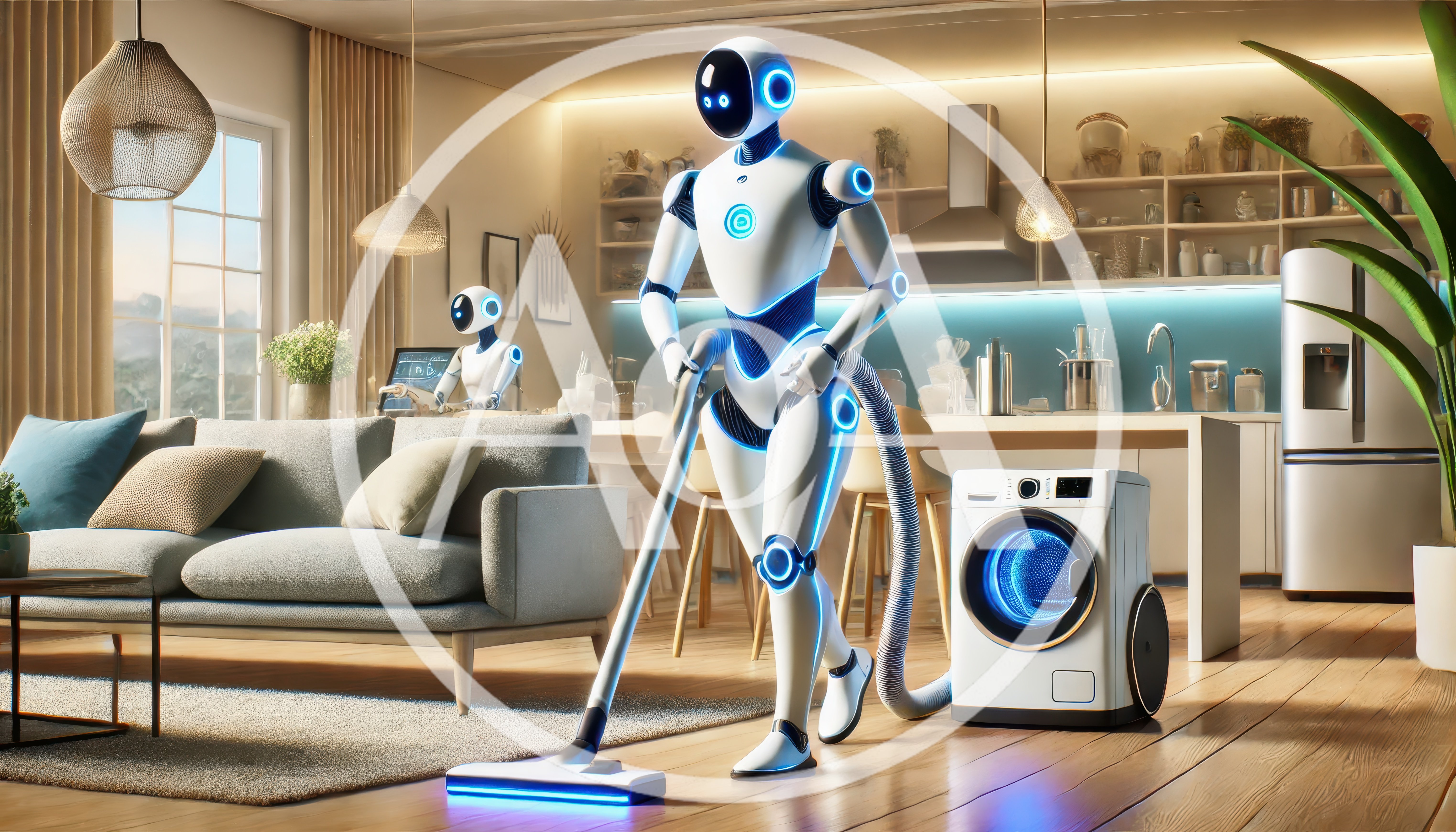 Futuristic Humanoid Robots Cleaning Modern Open Concept Home