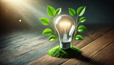 Glowing Light Bulb With Green Leaves On Wooden Surface
