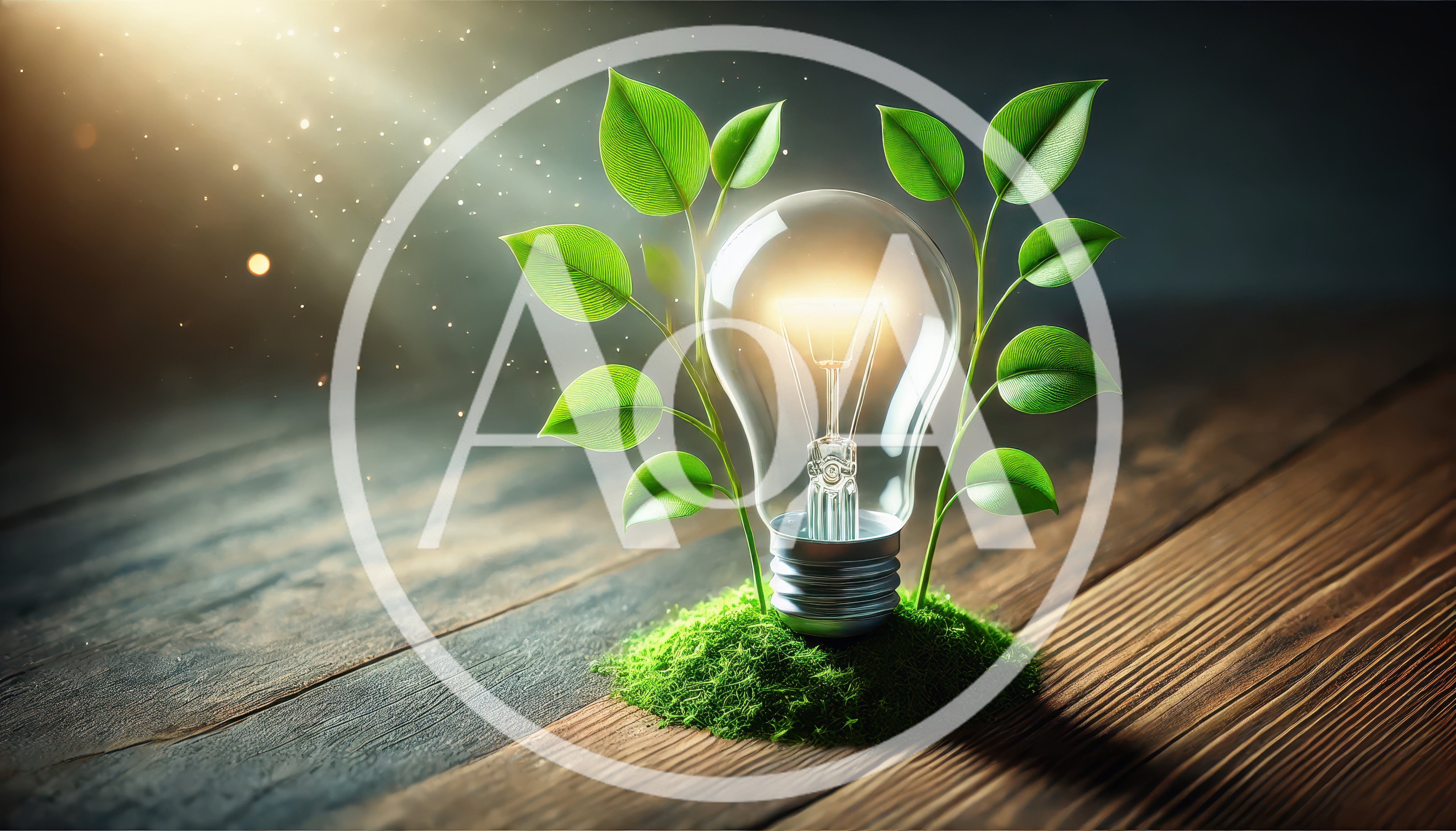 Glowing Light Bulb With Green Leaves On Wooden Surface
