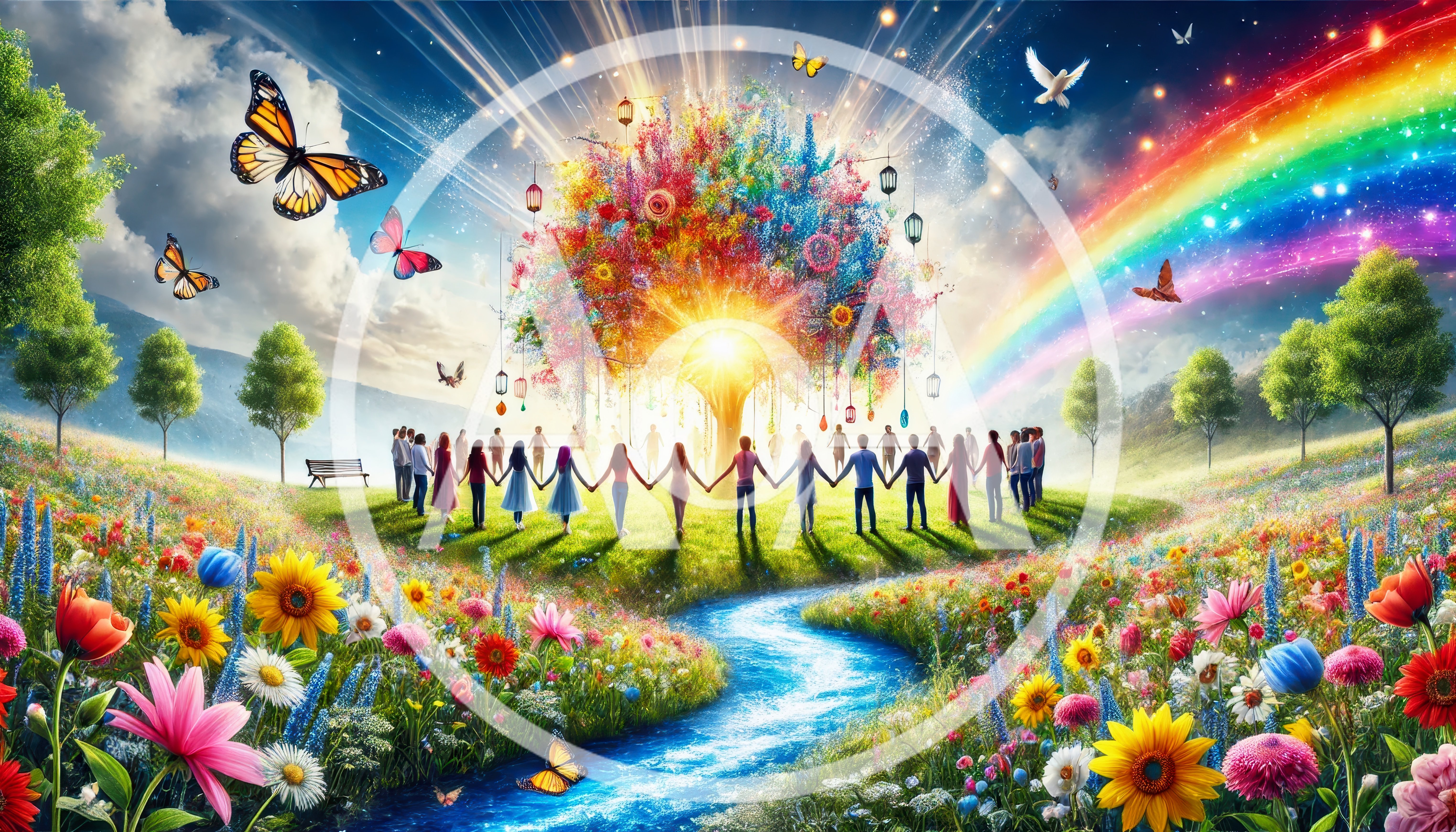 Diverse Group Holding Hands Around A Magical Tree