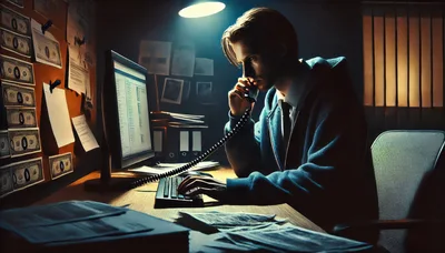 Man Working Late at Desk with Money and Computer