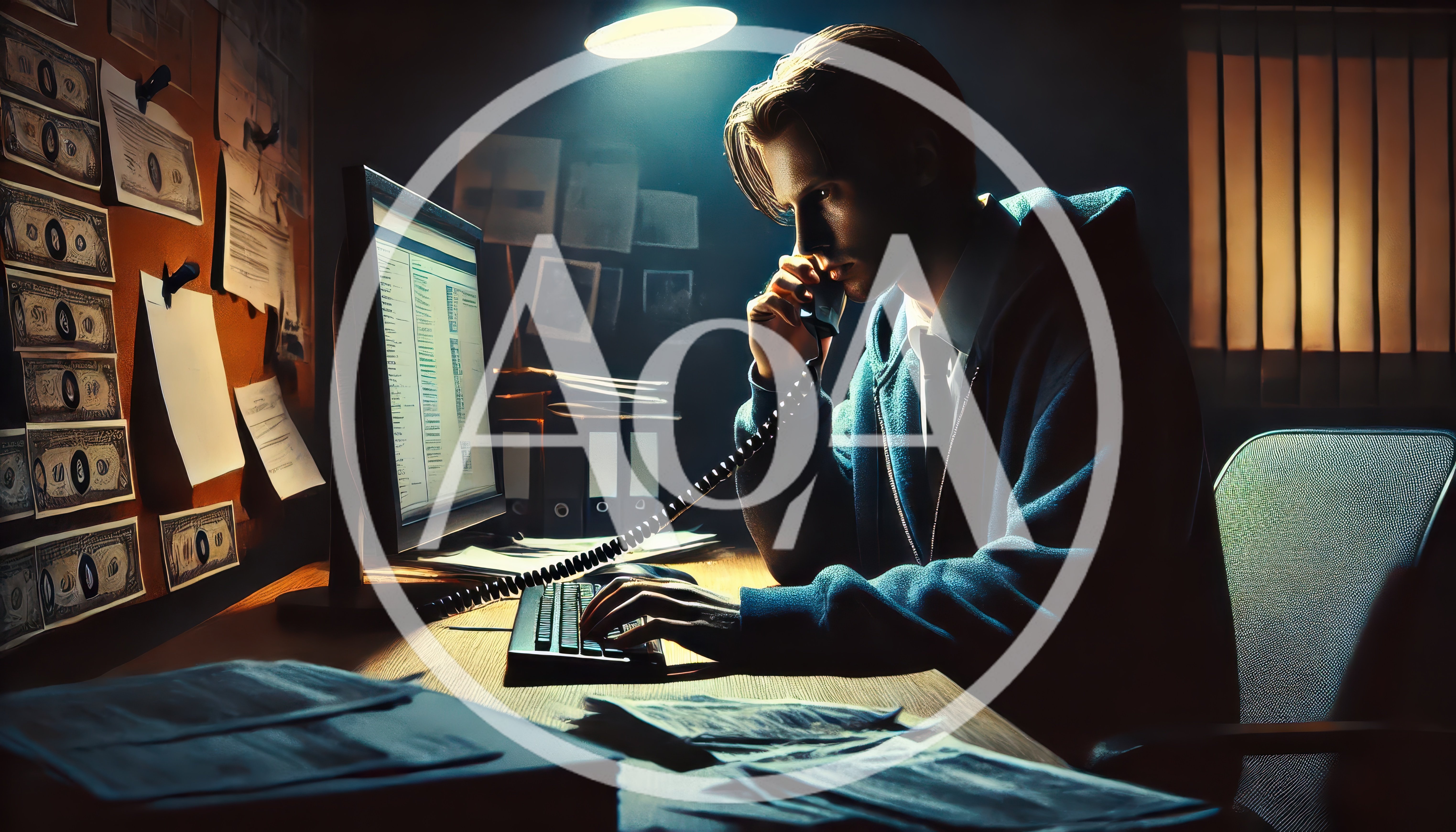Man Working Late at Desk with Money and Computer