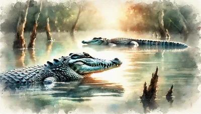 Two Alligators Resting In A Misty Swamp