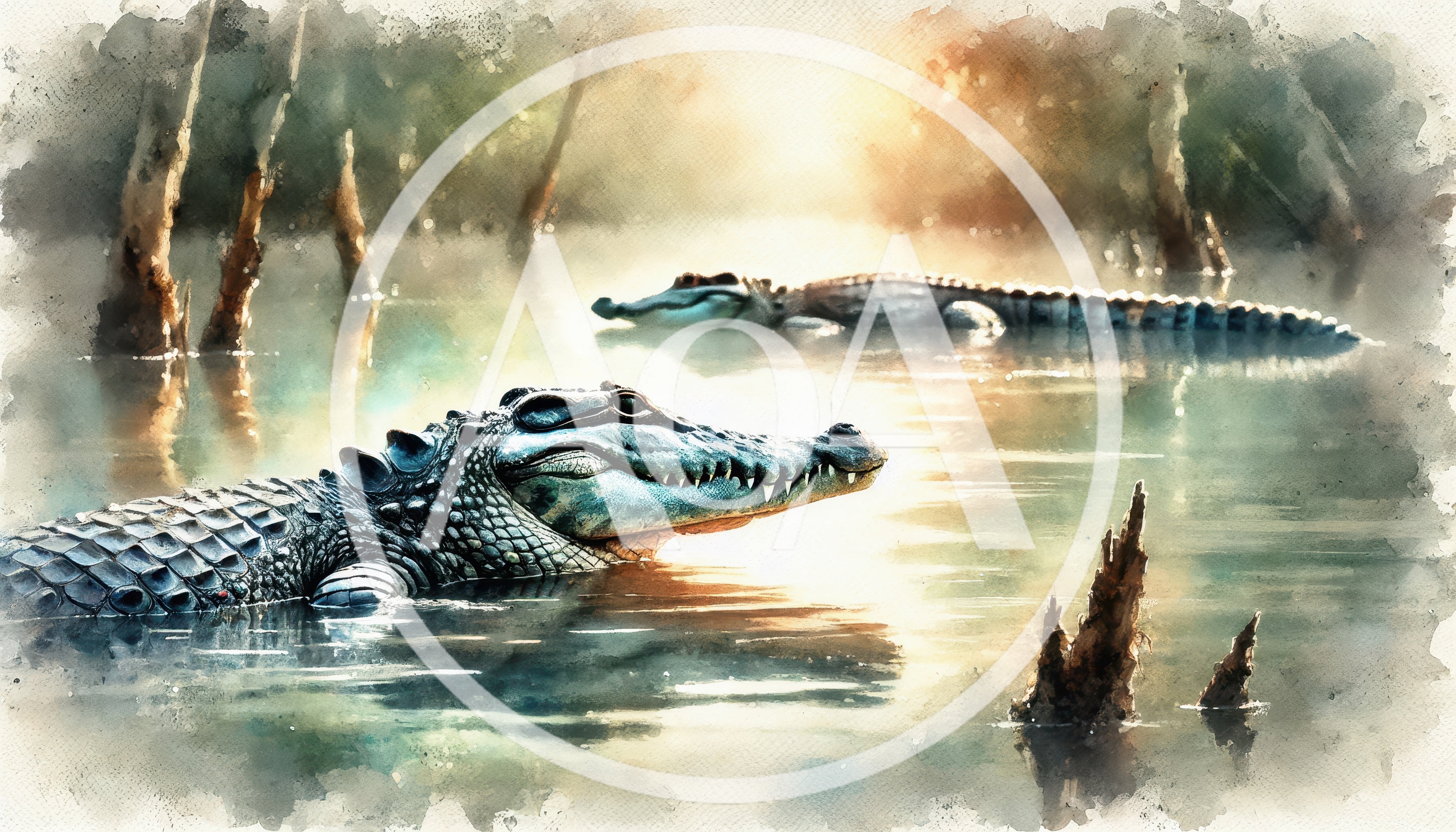 Two Alligators Resting In A Misty Swamp