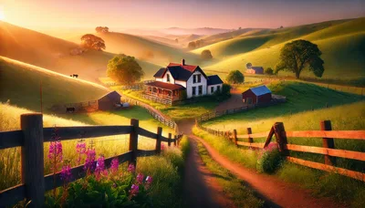Idyllic Farmhouse Landscape at Golden Hour