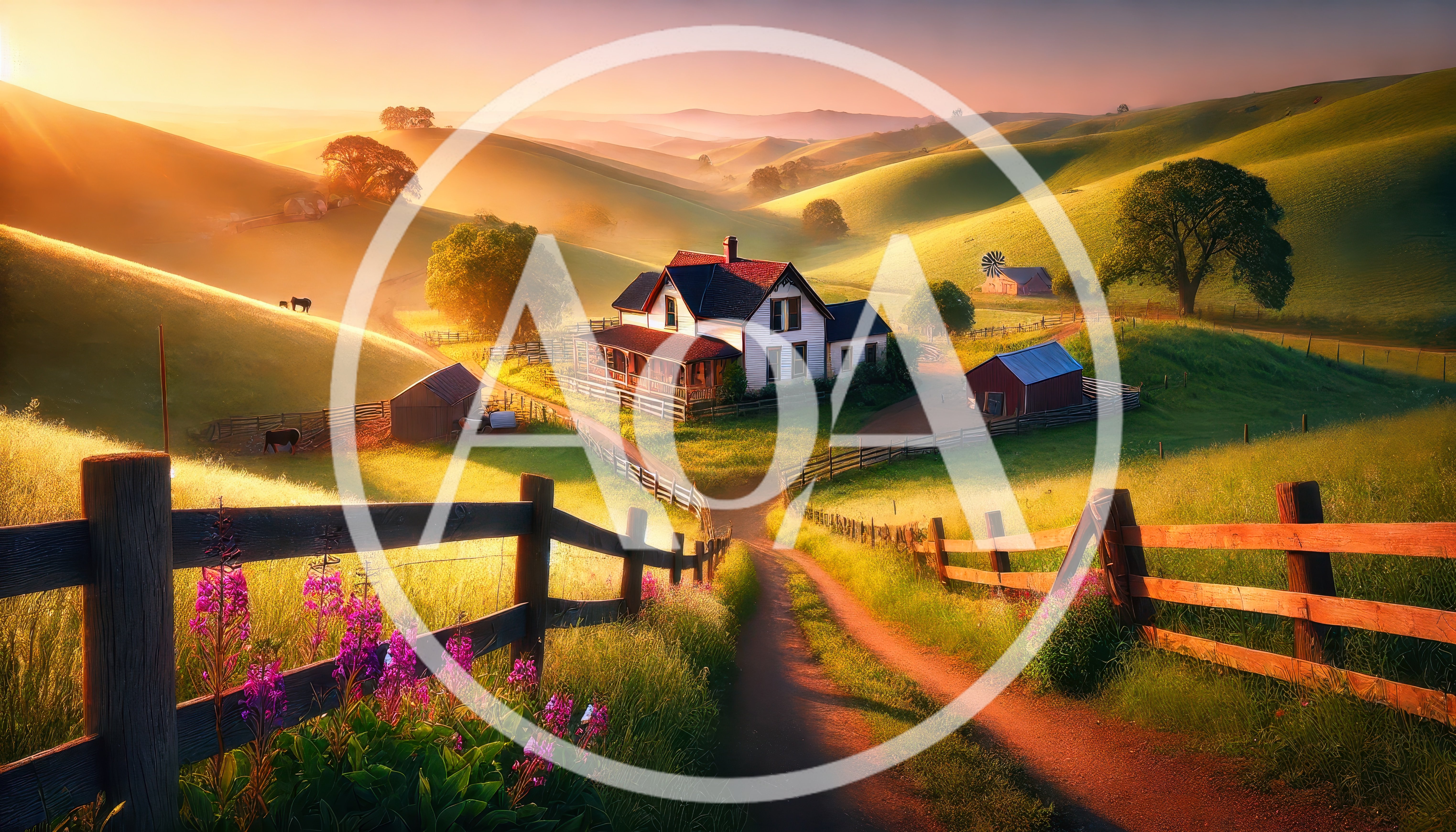 Idyllic Farmhouse Landscape at Golden Hour