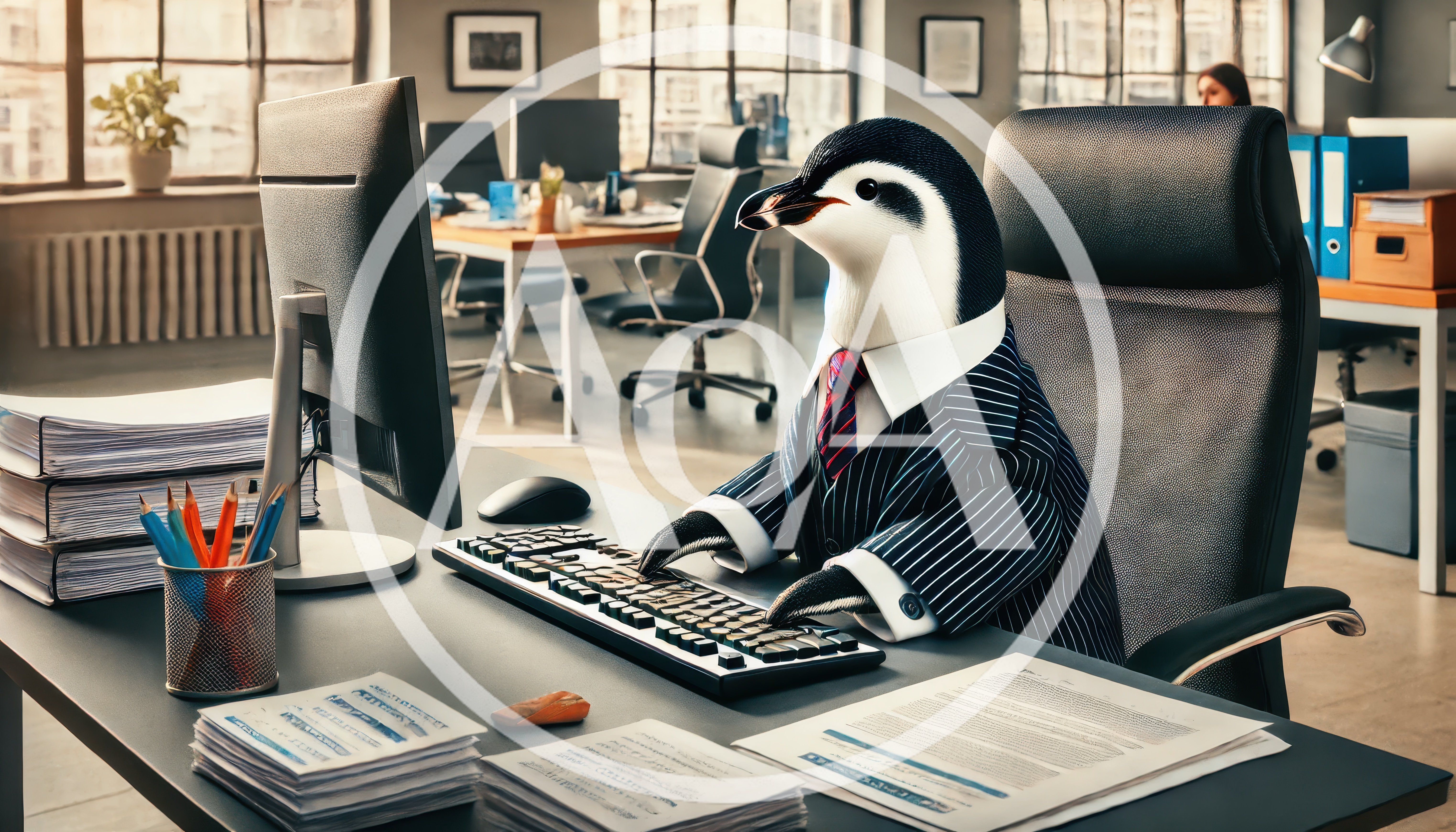Professional Penguin Wearing A Suit Working In An Office
