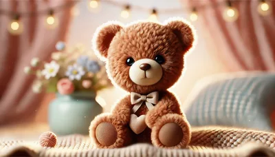 Cute Teddy Bear Sitting On A Cozy Knitted Blanket