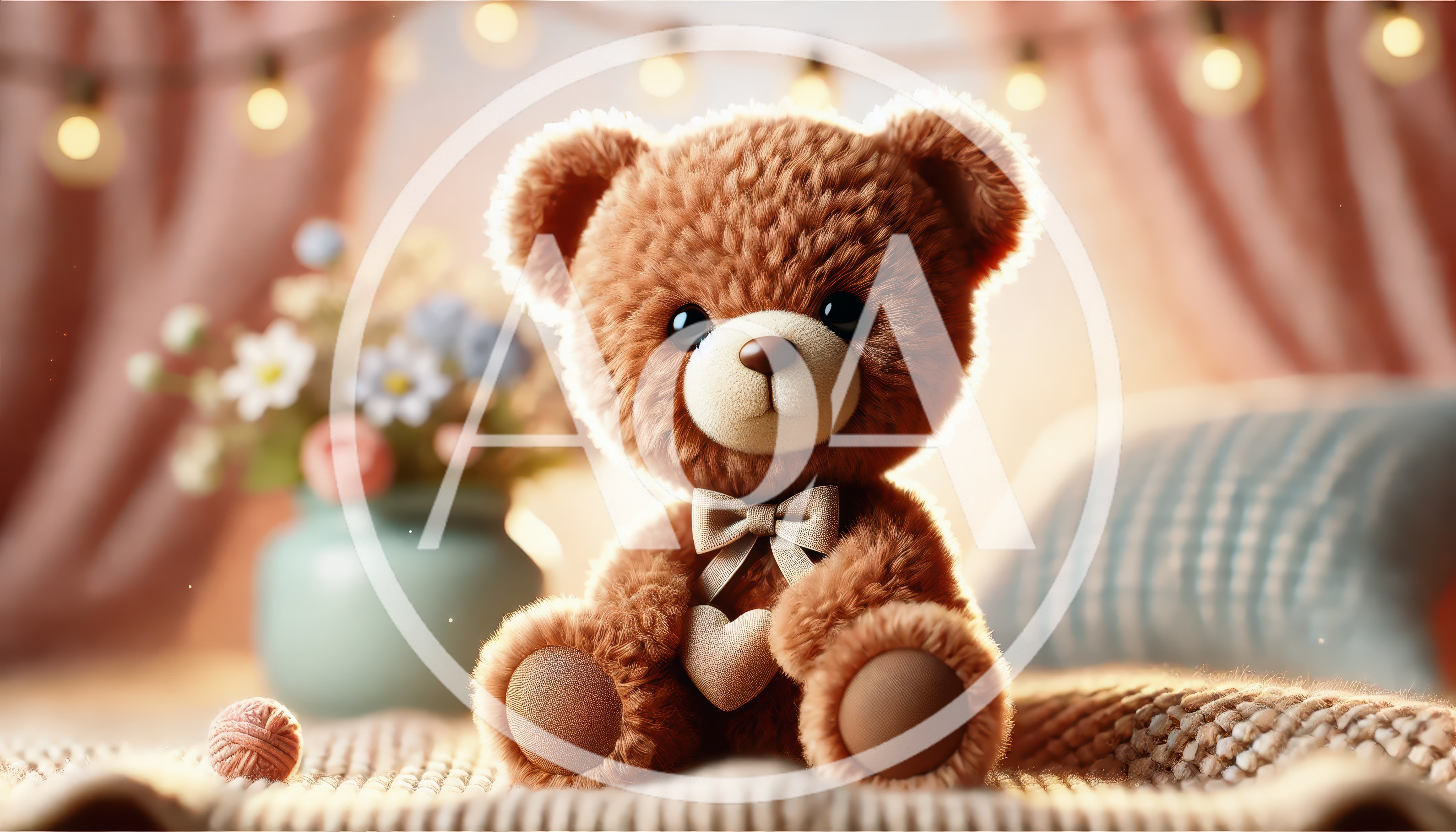 Cute Teddy Bear Sitting On A Cozy Knitted Blanket