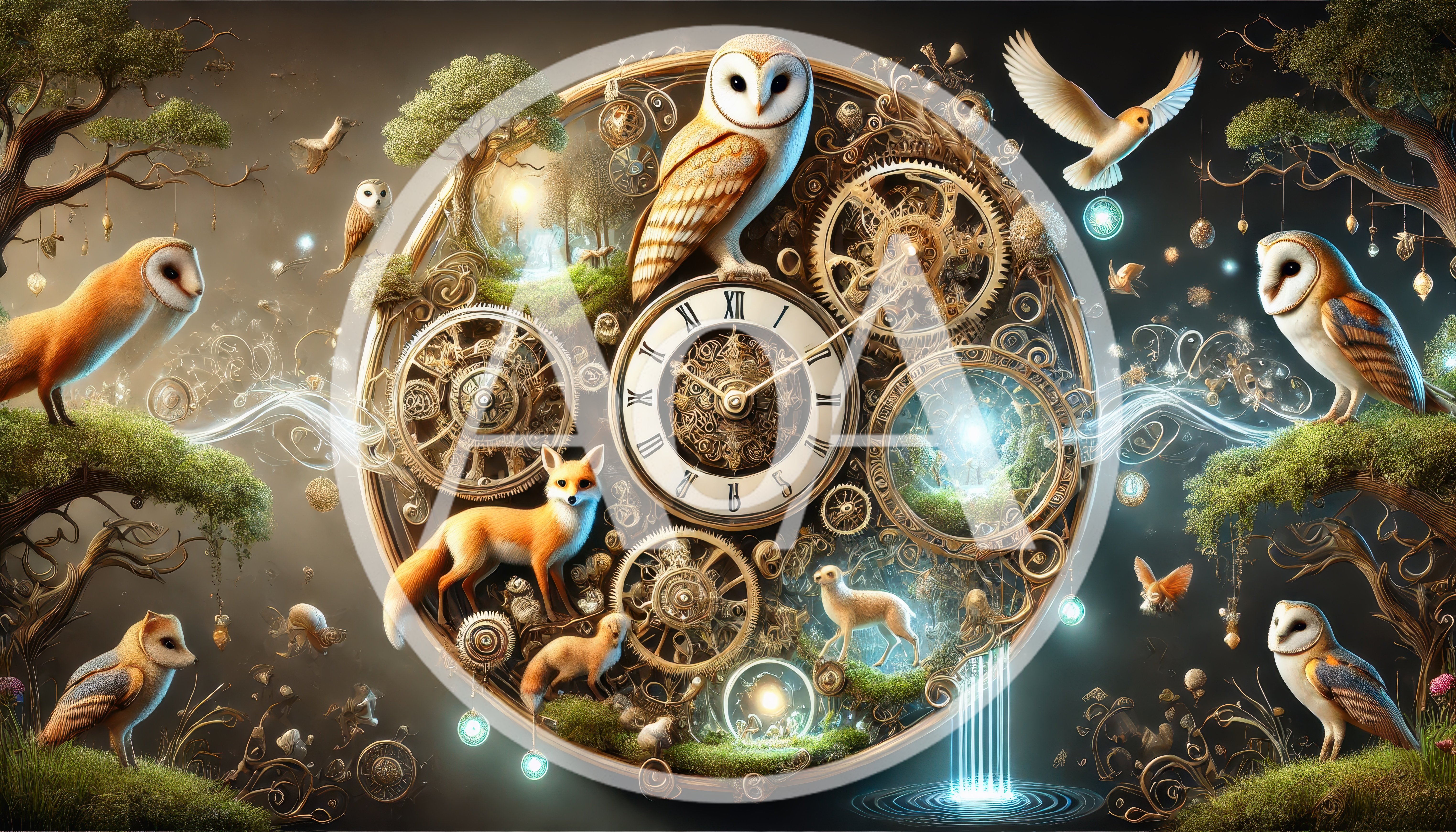 Surreal Clockwork Forest With Owls And Foxes