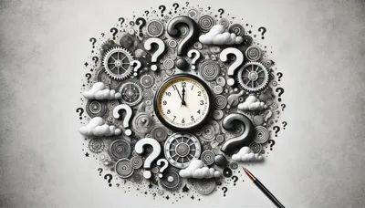 Conceptual Clock Surrounded By Gears And Question Marks