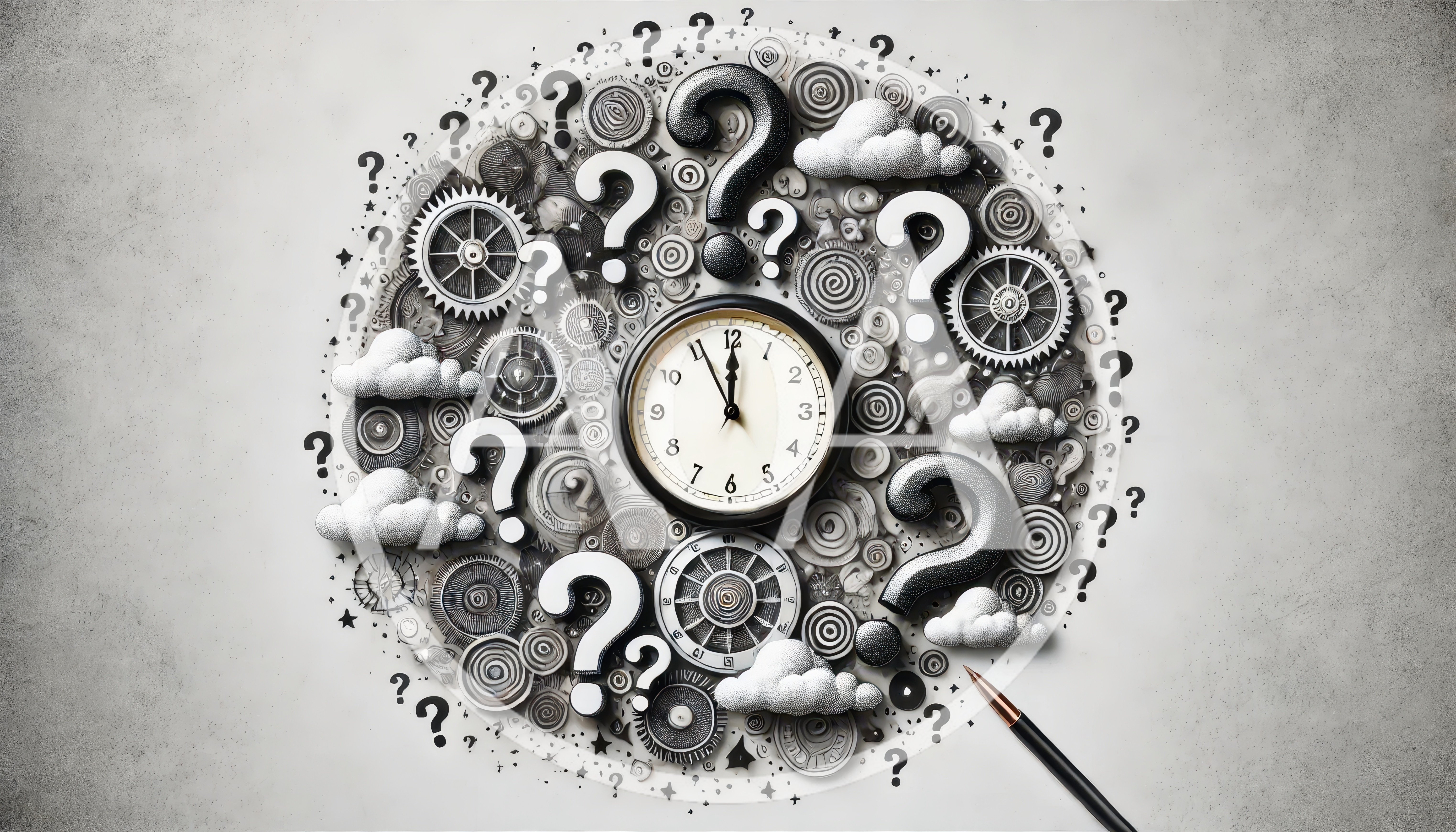 Conceptual Clock Surrounded By Gears And Question Marks