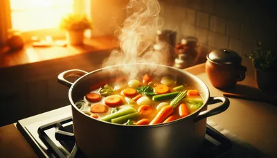 Steaming Pot Of Vegetable Soup On A Kitchen Stove