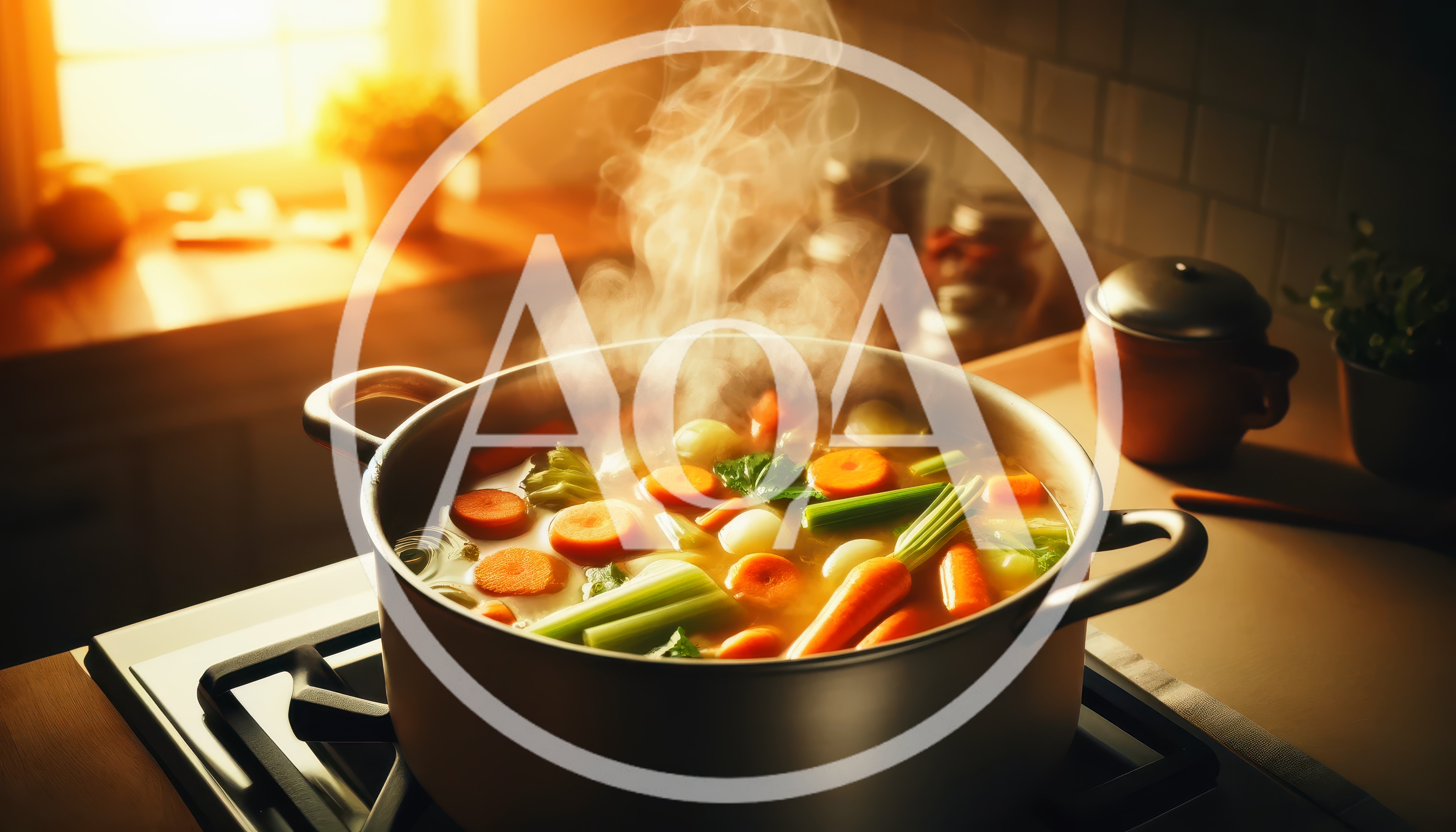 Steaming Pot Of Vegetable Soup On A Kitchen Stove