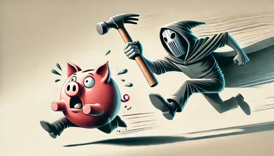 Scary Hooded Figure Chasing A Frightened Piggy Bank