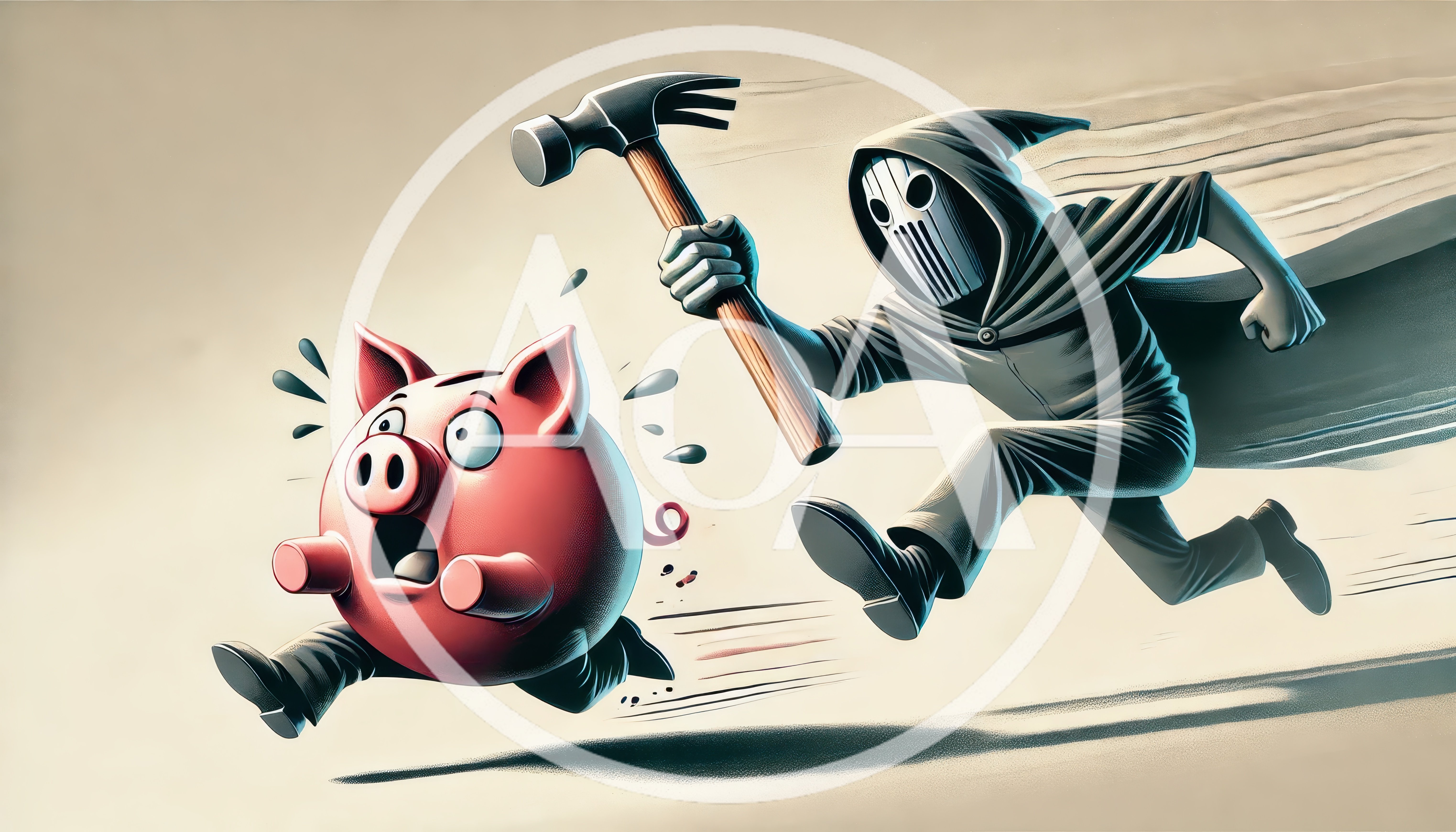 Scary Hooded Figure Chasing A Frightened Piggy Bank