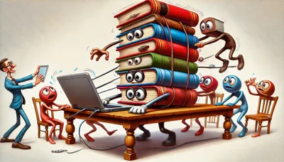 Surreal Illustration Of Anthropomorphic Books Working On Laptop