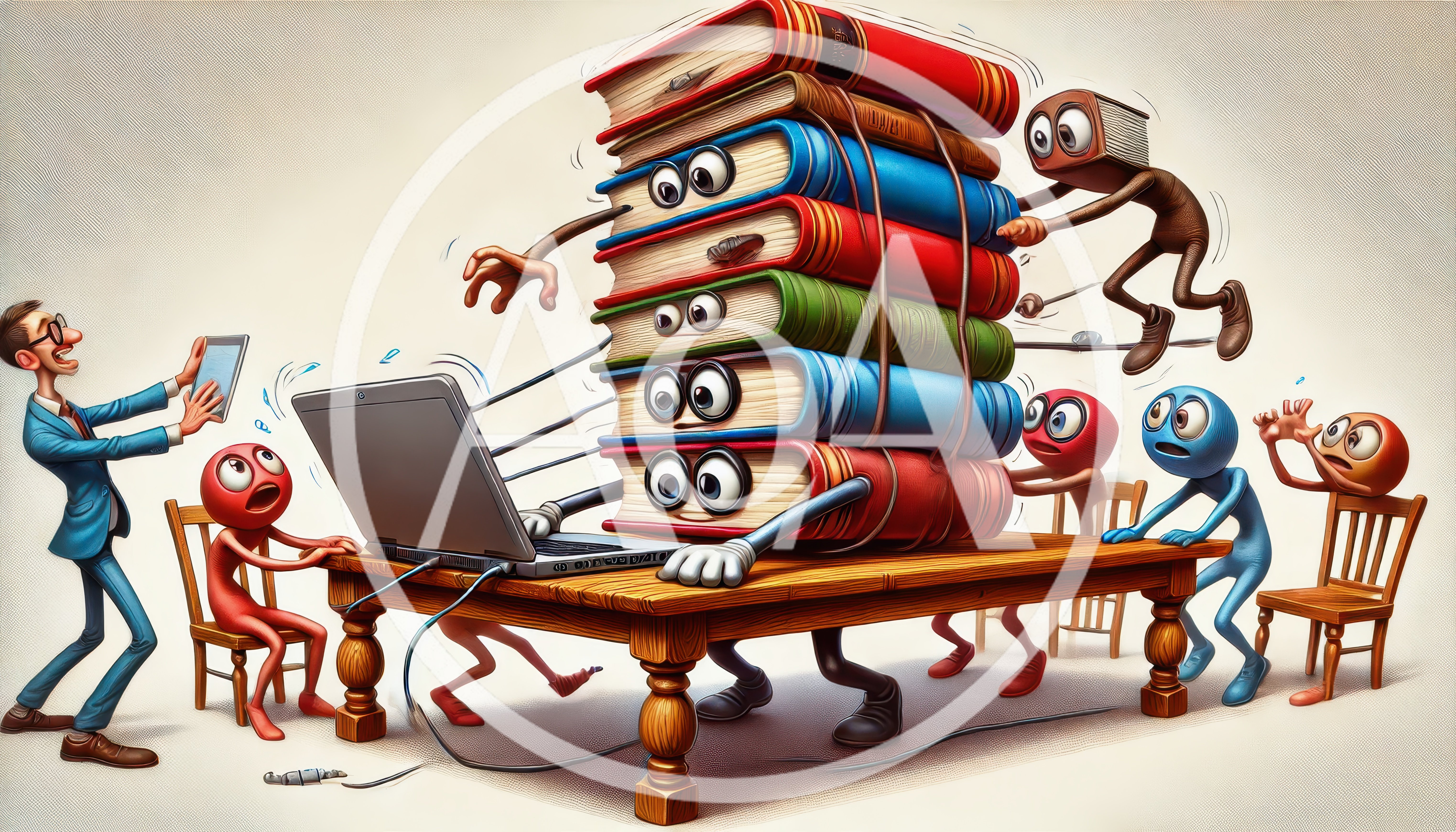 Surreal Illustration Of Anthropomorphic Books Working On Laptop
