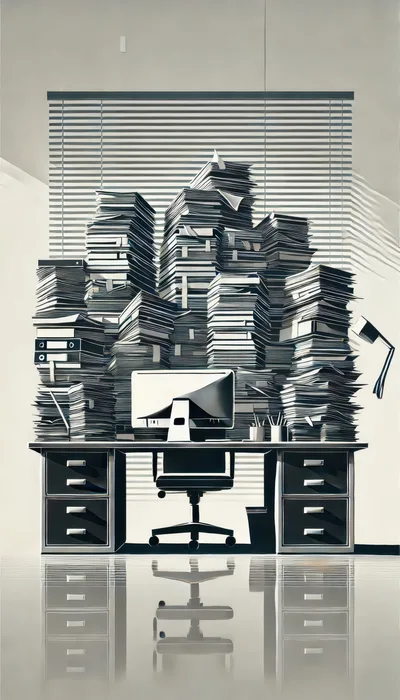 Overwhelmed Office Desk With Massive Paperwork Piles