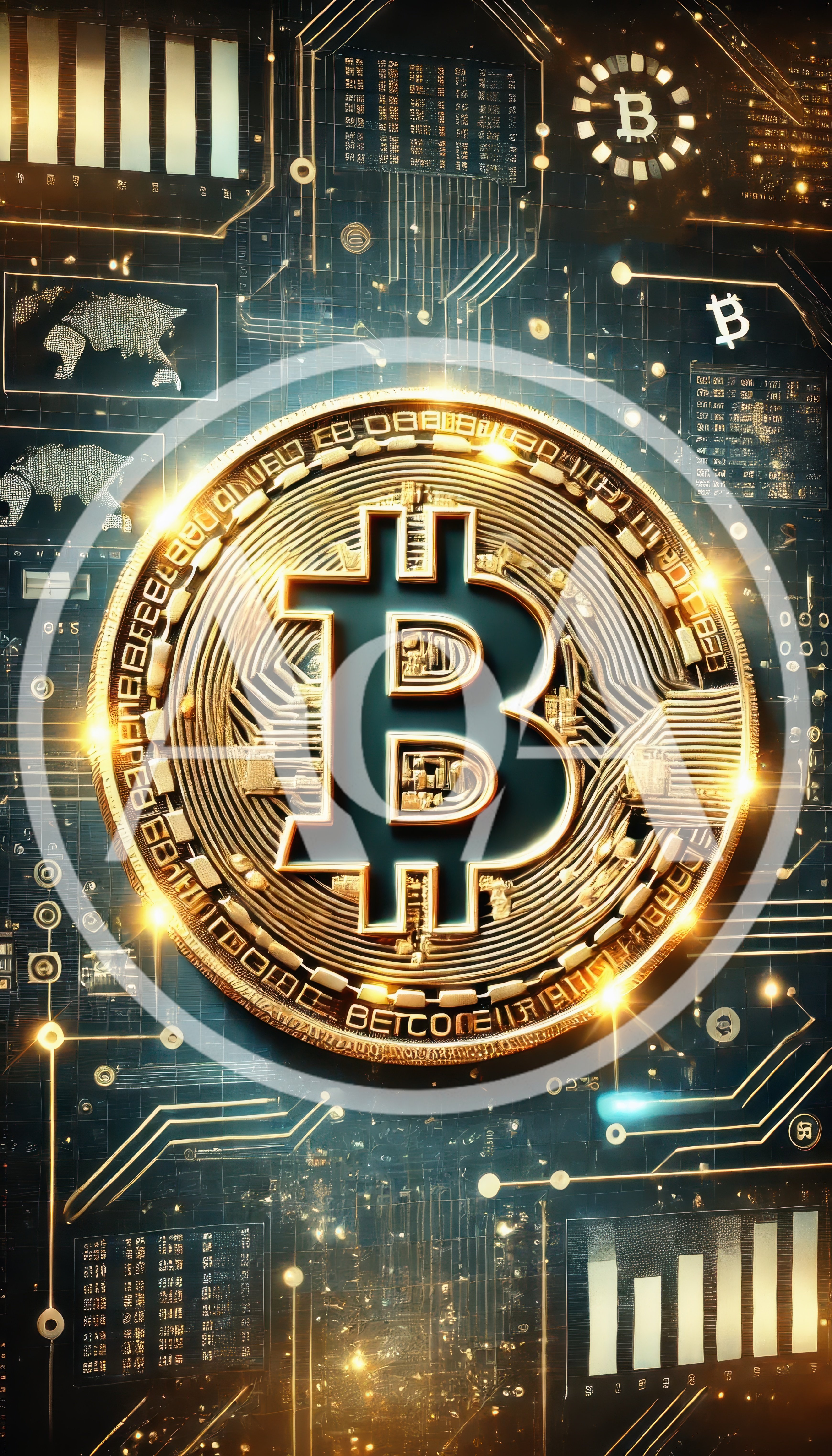 Golden Bitcoin Symbol On Digital Circuit Board Background