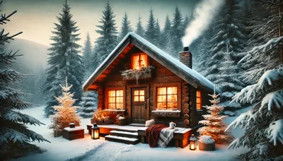 Cozy Log Cabin In Snowy Winter Forest
