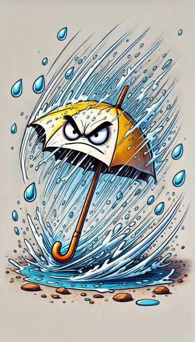 Angry Cartoon Umbrella Character In Heavy Rain